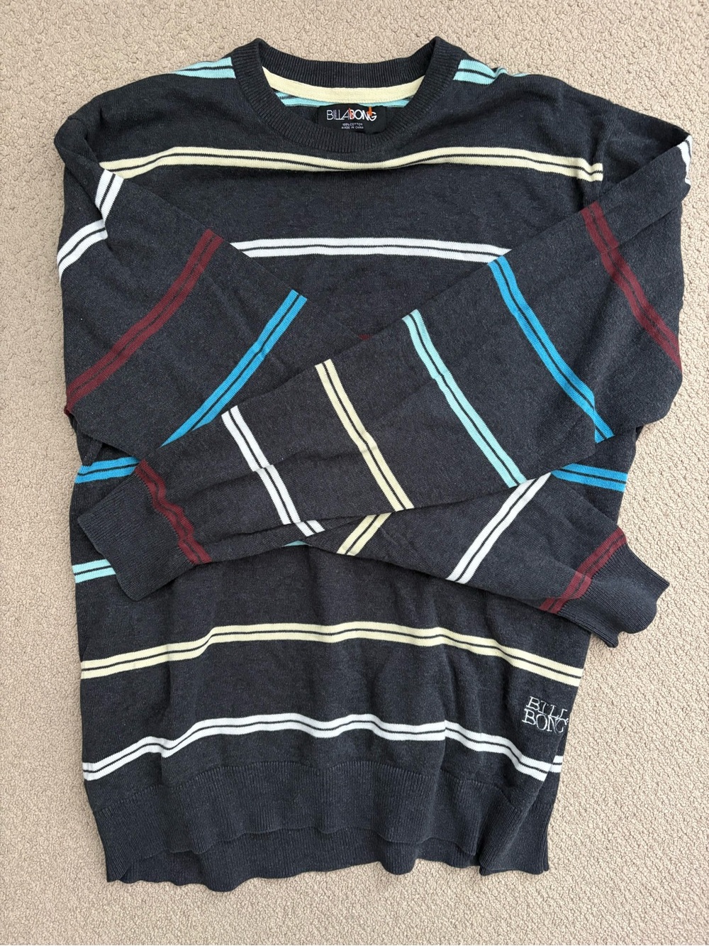 Billabong Black Crewneck Sweater with Blue, Cream, White & Burgundy Stripes